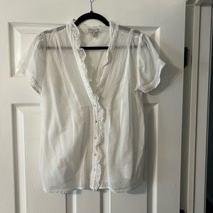 Joie White Sheer Cotton Top w/ ruffle detailing and covered buttons, Medium